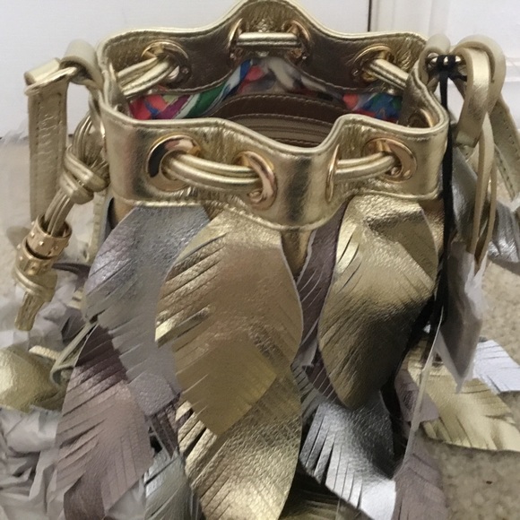 NWT RARE Chi By Carlos FALCHI Genuine Metallic  LEAVES  Bucket/ Crossbody Bag - Picture 6 of 12